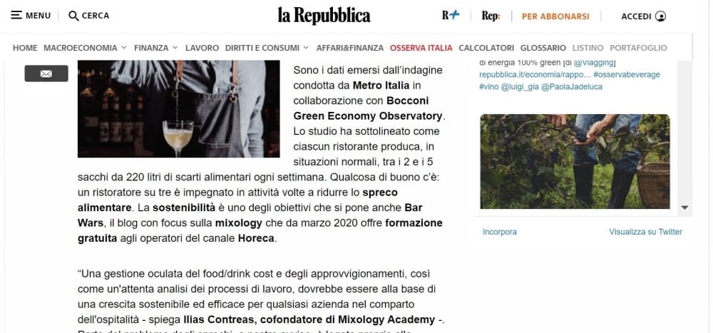 La Repubblica parla di MIXOLOGY Academy