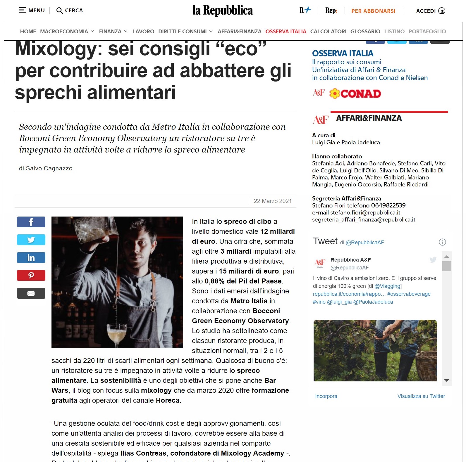 La Repubblica parla di MIXOLOGY Academy